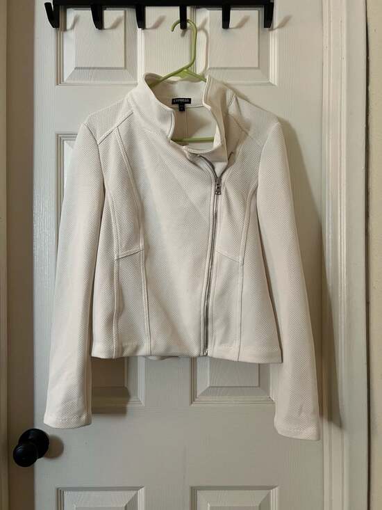 Express Jackets & Blazers - Express White Textured Knit Asymmetrical Zip Moto Jacket